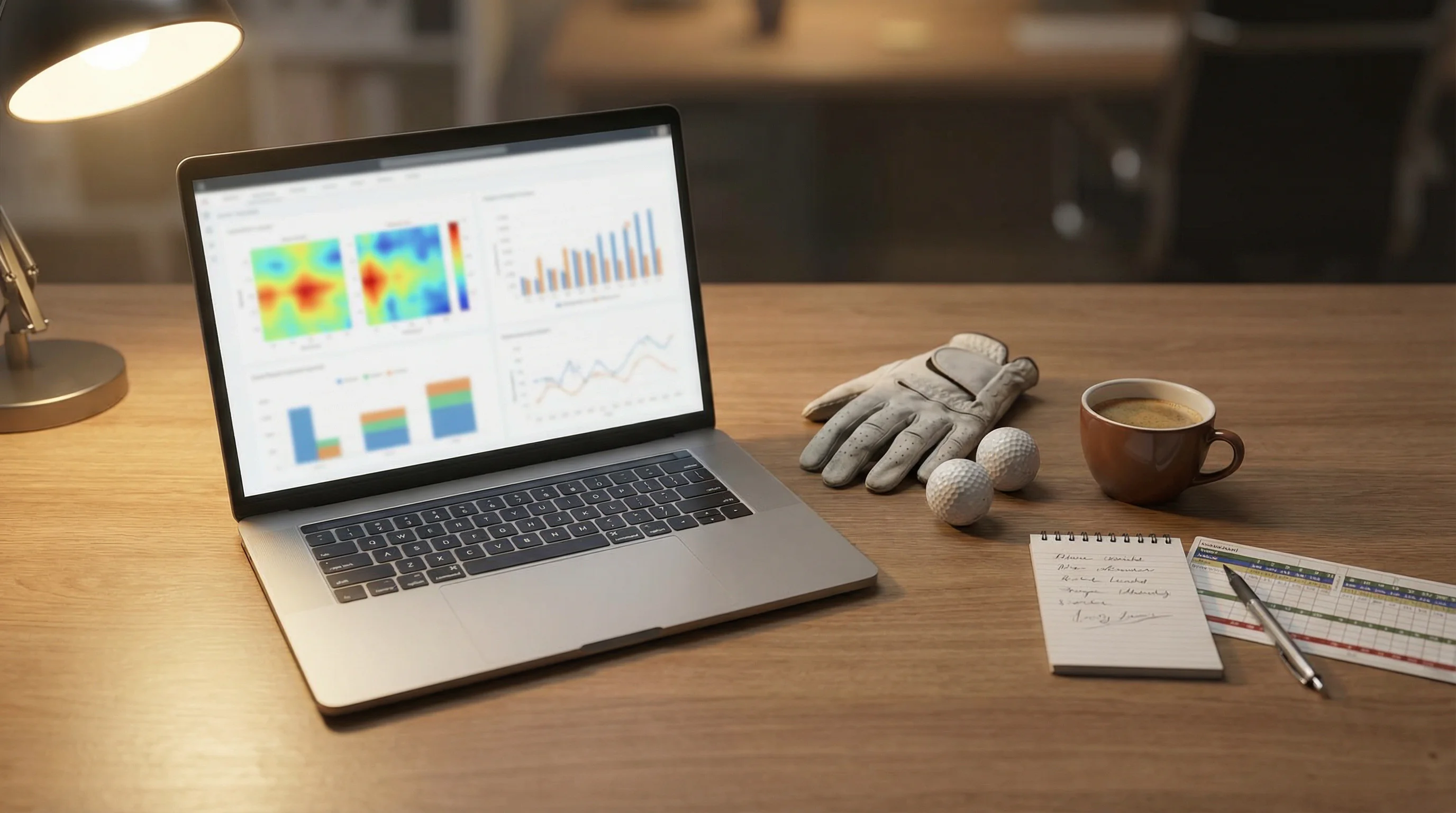 Laptop mit Golfstatistiken auf einem Schreibtisch neben Golfausrüstung